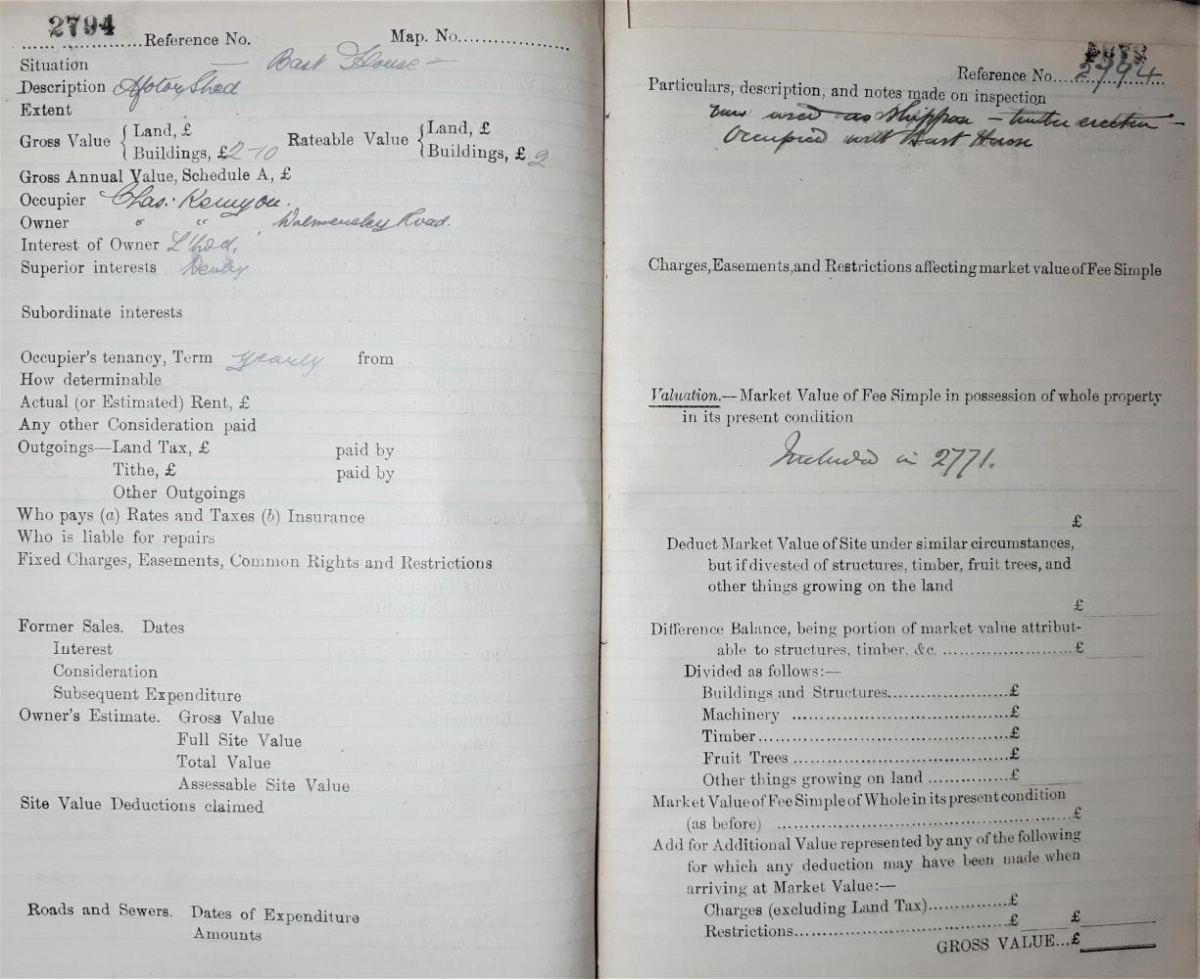 2794 -   Bast House 2794 -   Bast House, - Bast House, Motor Shed, ?timber construction? , Occupier -  , Owner-, Gross Value - , Rateable Value - , Actual Rent - 
to be catalogued
Keywords: 1910