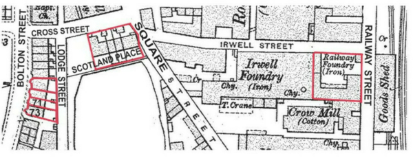 Railway Foundry, Scotland Place and Lodge View, Bolton Street, are in red. Taken from the 1892 OS map
17-Buildings and the Urban Environment-05-Street Scenes-022-Railway Street
Keywords: 1892