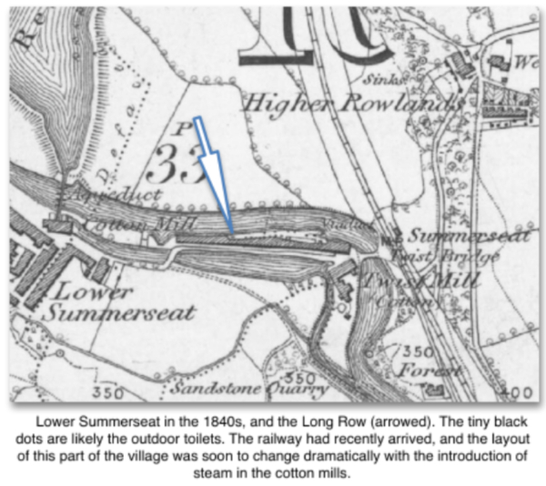 Lower Summerseat in the 1940s, and the Long Row (arrowed). The tiny black dots are likely the outdoor toilets. The railway had recently arrived, and the layout of this part of the village was soon to change dramatically with the introduction of steam in t
17-Buildings and the Urban Environment-05-Street Scenes-028-Summerseat Area
Keywords: 1949