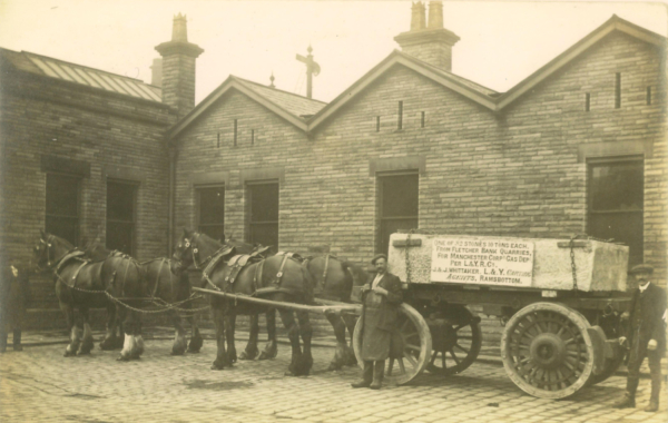 A 10 ton stone quarried at Fletcher Bank en route to Manchester to be installed in Manchester Corporation Gas Works, most probably as an engine bed or as a base in retorts. It is interesting to note the reinforced back wheels.  
17-Buildings and the Urban Environment-05-Street Scenes-023-Shuttleworth Area
Keywords: 0