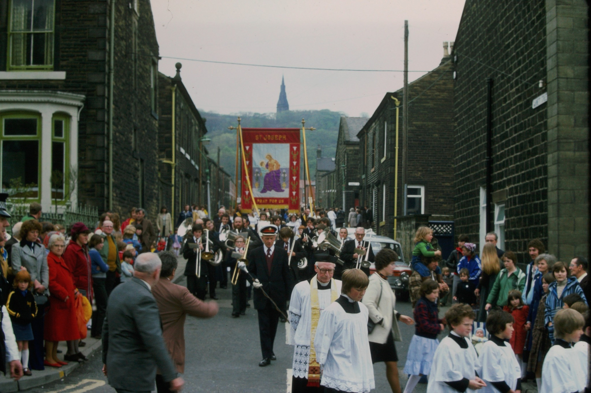 Whit Walk Garnett Street - 1960s  - Brass Band and St Joseph's bannerdonated by Tony Tickle via Facebook. The photographer was John Geoffrey Duckworth who was Chief Engineer for Ramsbottom Urban District Council.  Photo taken on slide in the 1960s
06-Religion-03-Churches Together-001-Whit Walks
Keywords: 0